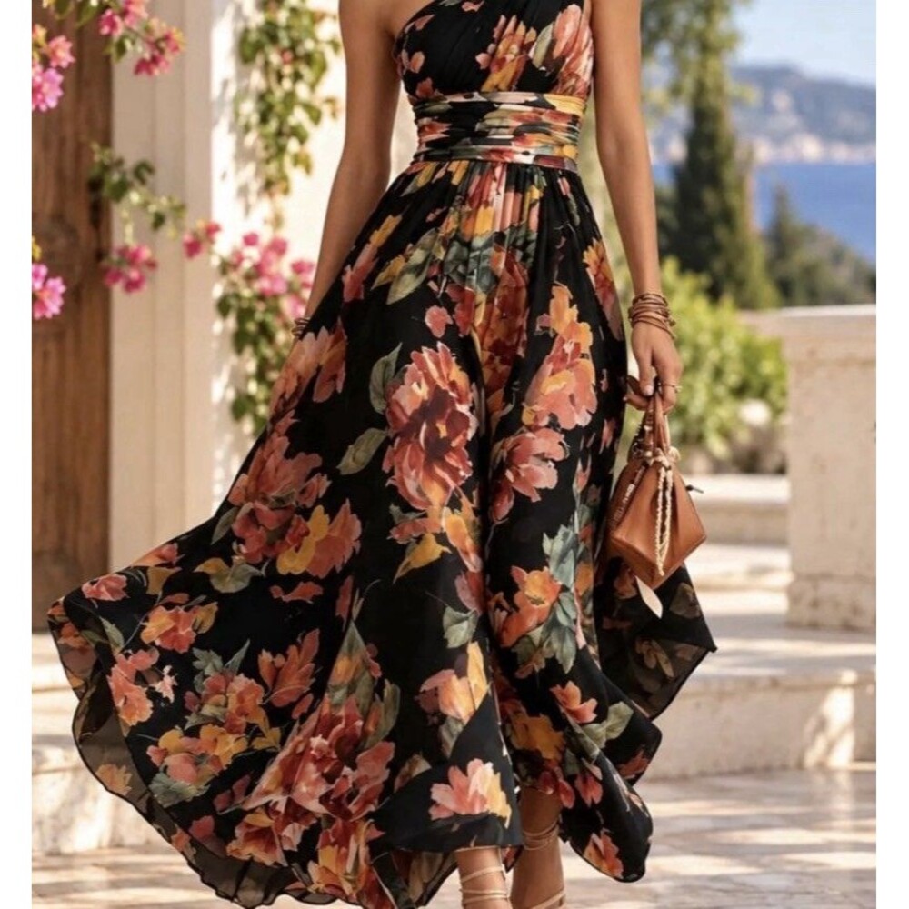 One Shoulder Waist Cinched Black Floral Long Dress Size Large